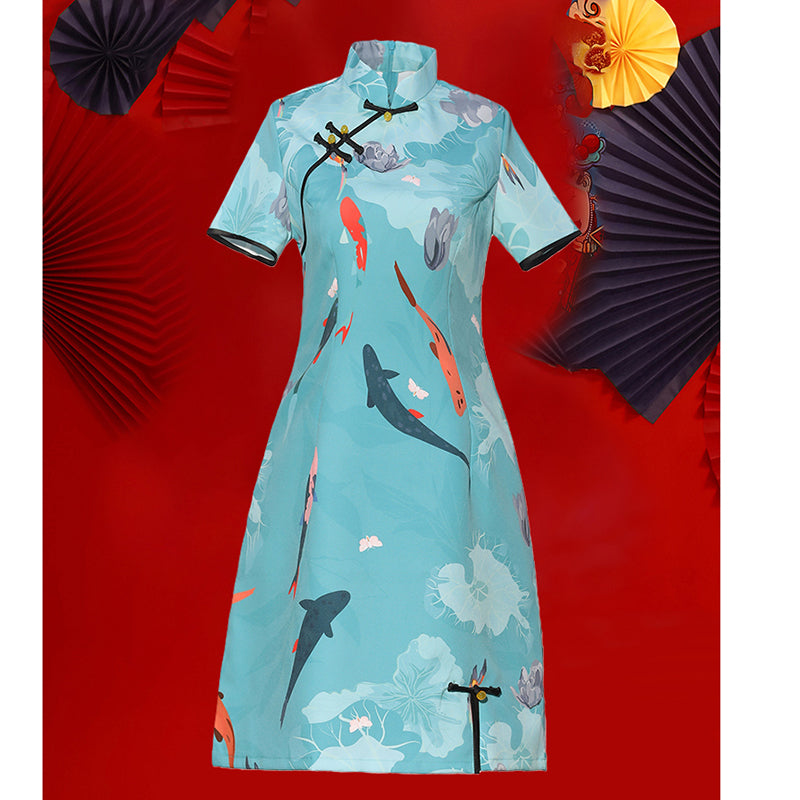 [MOMO Series]★Cheongsam dress★ Chinese style dress, short sleeves, short length, retro blue, blue