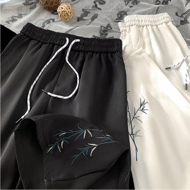 [KADISHOU Series] ★Chinese-style pants★ 2 colors Embroidered bamboo Casual pants Bottoms Unisex Men's Large size Black White