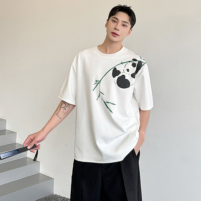 [ZHUIYI series] ★Chinese style tops★ 2color T-shirt, short sleeve, bamboo, bamboo pattern, panda, men's, casual, black, white