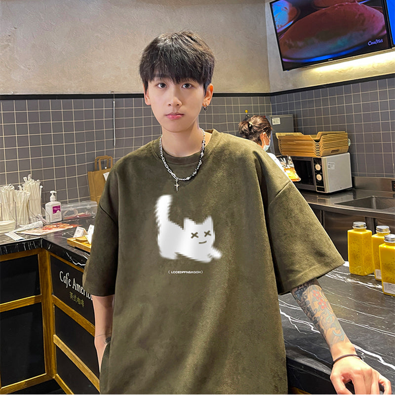 【NANSHIシリーズ】★Tシャツ★ 5color トップス 半袖 男女兼用 メンズ 大きいサイズ スエード 猫 猫柄 ねこ ネコ