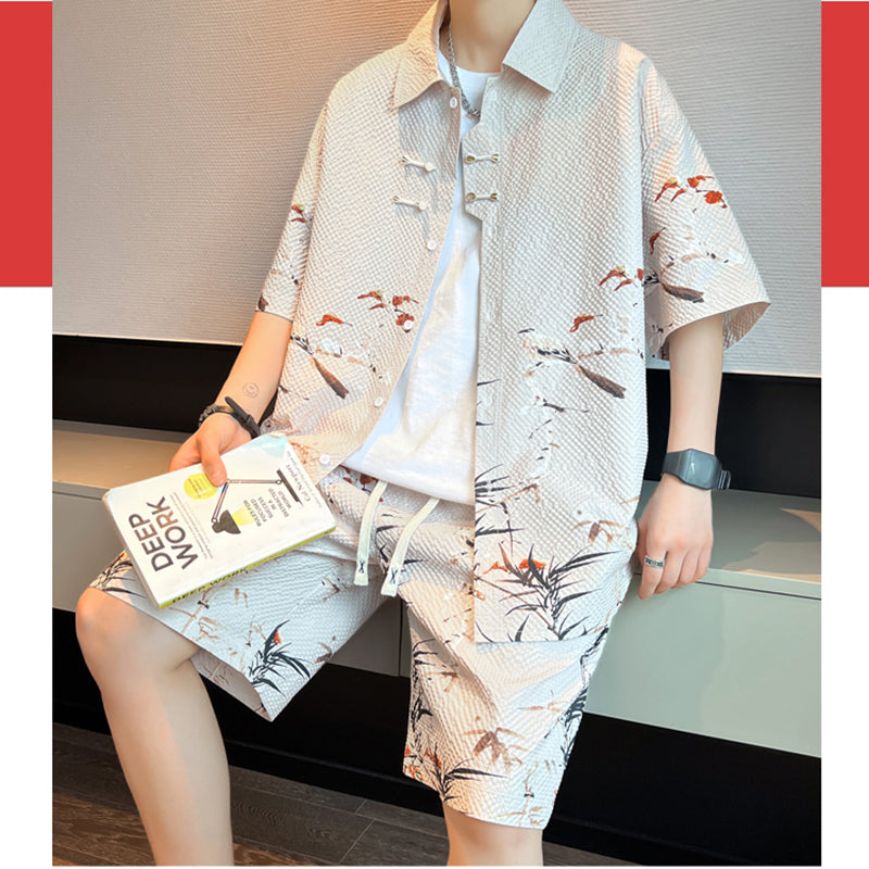 [WUSHE Series] ★Chinese style set up★ 3 colors Shirt + shorts Unisex Men's Large size Cool