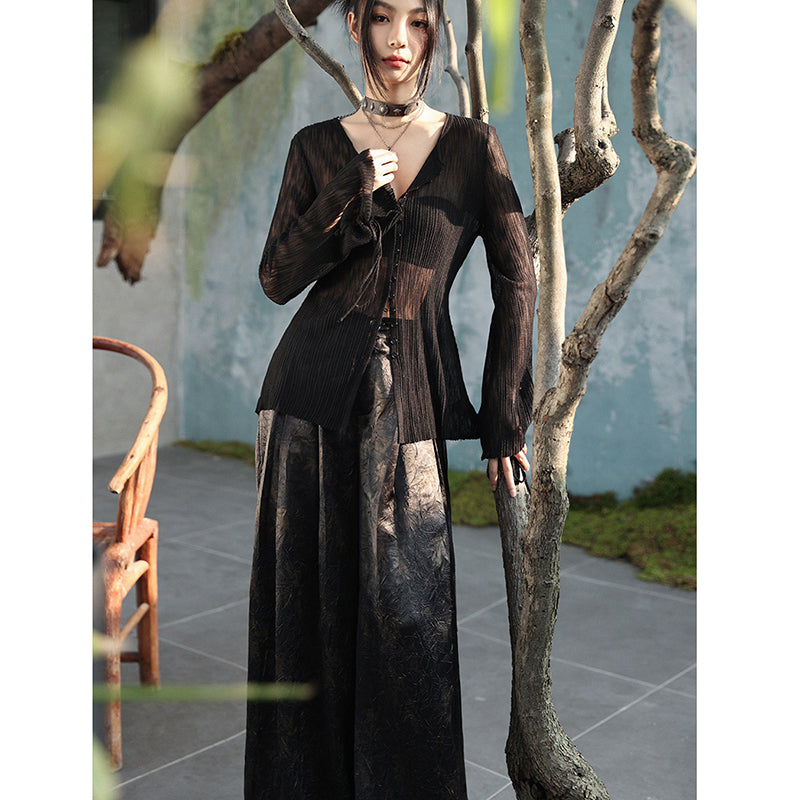 [Daiseiryuu 4 Series] ★Chinese-style top★ V-neck, sheer, long-sleeved shirt, sun protection, Chinese clothing, sexy, black