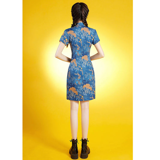 [SHISHANG Series]★Cheongsam dress★ Chinese style dress, short sleeves, short length, blue, blue, large size