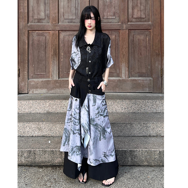 [Illustrated series]★China style pants★Bottoms China button black black unisex men's casual pants