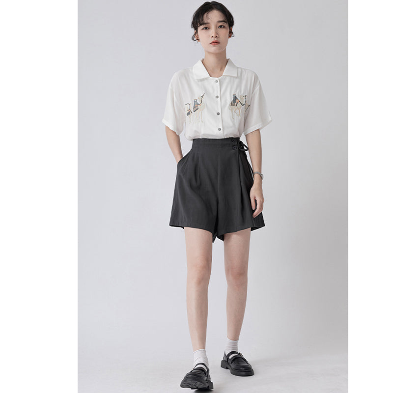 [HUAYUXIN Series] ★Tops★ 2color Shirt Short Sleeve Embroidery Women's Temperament Enhancement Chiffon Black White