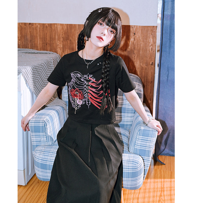 【古怪舍---花骨シリーズ】★チャイナ風トップス★ 2color 半袖 Tシャツ プリント 個性的 オリジナル レディース 黒 赤 灰