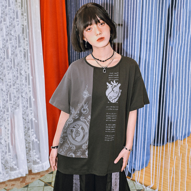 [Kogaisha---Peace Series] Chinese-style tops, short-sleeved T-shirts, unique, original color scheme, cotton, black, gray