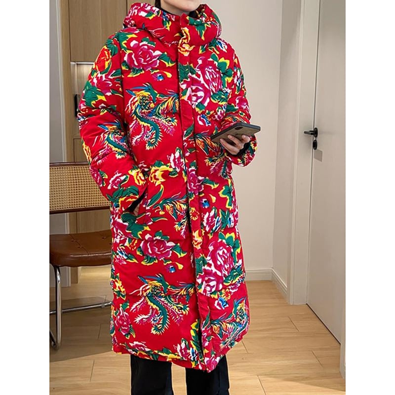 [YEFENG Series]★China style cotton coat★3color tops, floral pattern, winter coat, long length, unisex, men's, large size, black, red, green, blue