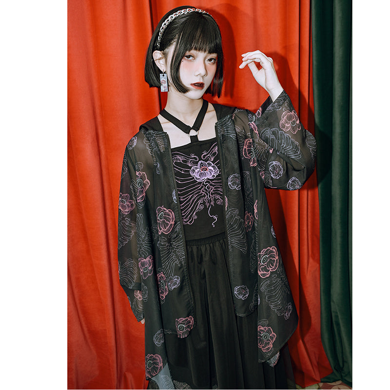 [Kogaisha---Flower Bone Series] ★Chinese-style outerwear★ Thin outerwear, sun protection, sheer, floral pattern, comes with hat