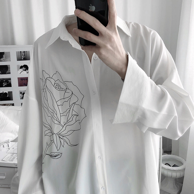 [Fudoku Sensei Series]★Shirt★ 2color long sleeve shirt tops unisex men's black white rose