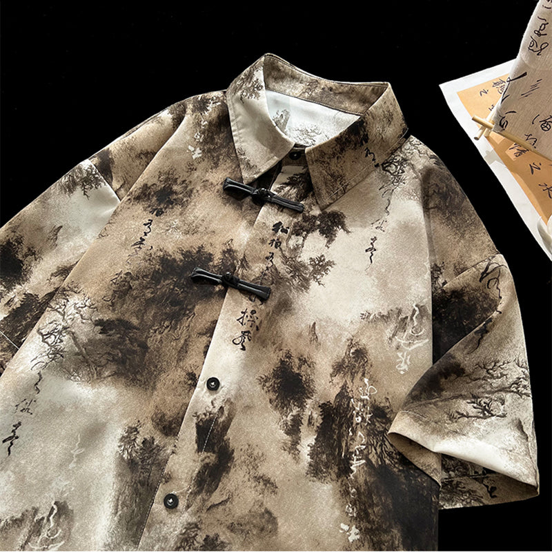 [SENSU series] ★Chinese-style tops★ 2 colors, shirt, short sleeves, unisex, men's, large size, Chinese clothing, ink-wash pattern, tie-dye