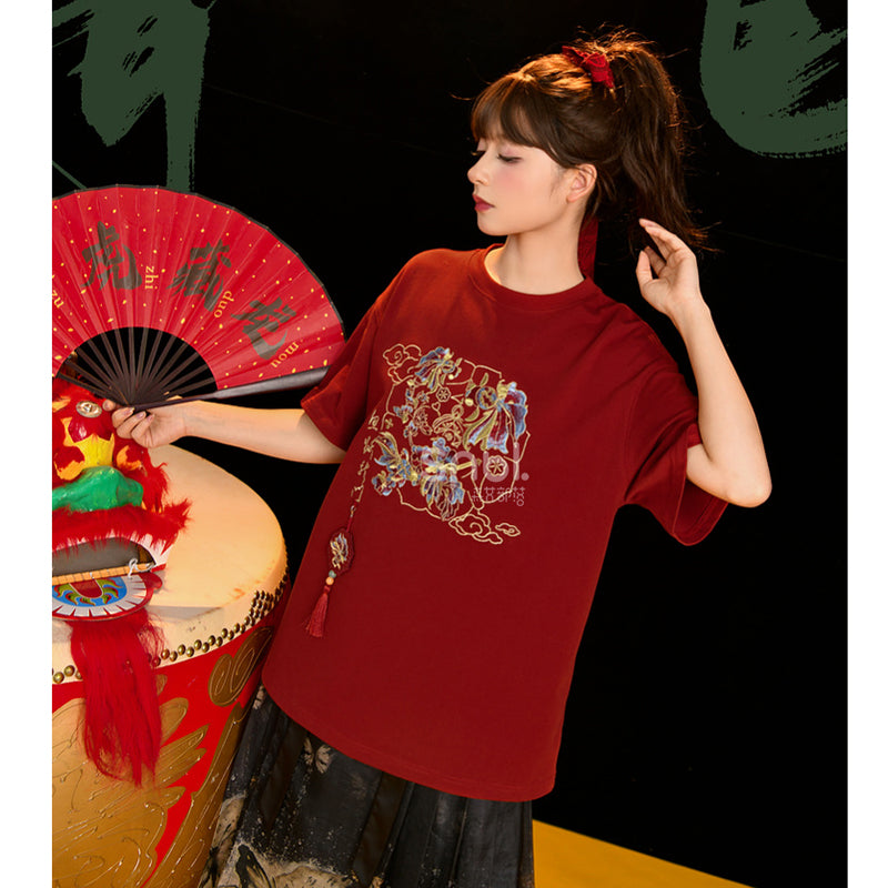 【森女部落---魚躍龍門シリーズ】★チャイナ風トップス★ Tシャツ 半袖 刺繍 コットン レッド 赤い カジュアル