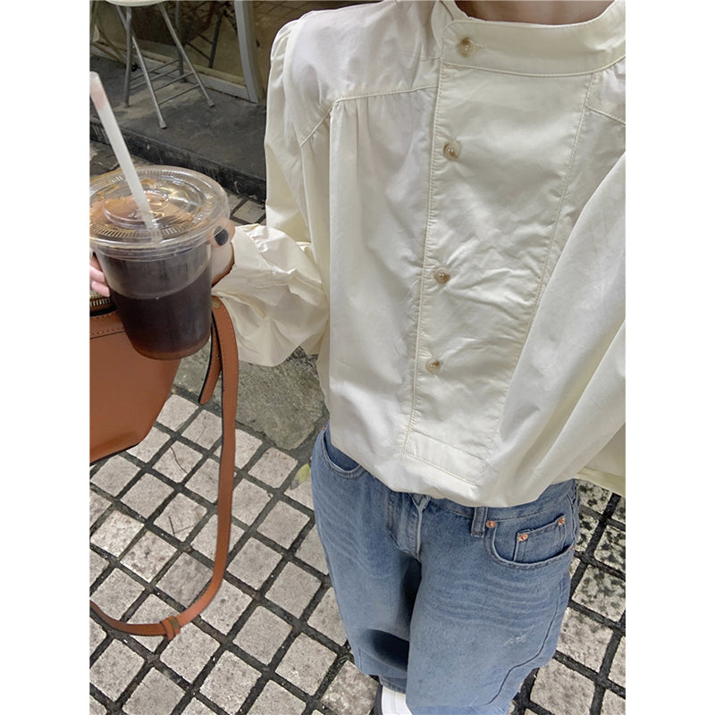 [YIHAO Series]★Shirt★ Tops Long Sleeve Shirt Women's Simple Stand Neck Retro Easy to Match