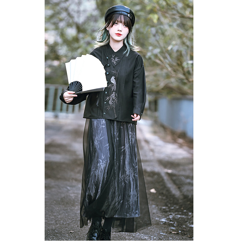 [Kokaisha --- Chichiku Series] ★China style skirt★ Bottoms velvet black black switching floral pattern