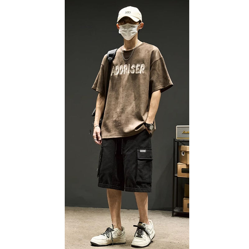 [SZON Series]★T-shirt★ 3color embroidery tops Unisex Men's Suede Black Apricot Coffee Color