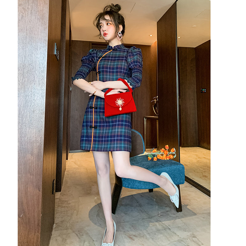 [WEISILU Series]★Cheongsam dress★ Chinese-style dress, plaid pattern, short length, date, wedding, blue-green