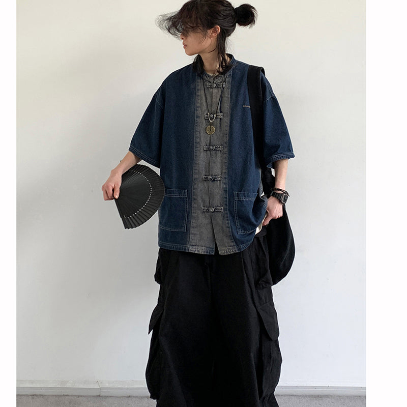 [JIWU series] ★Chinese style tops★ 2 colors Shirt Outerwear Short sleeve Denim Unisex Men's Casual Black Blue