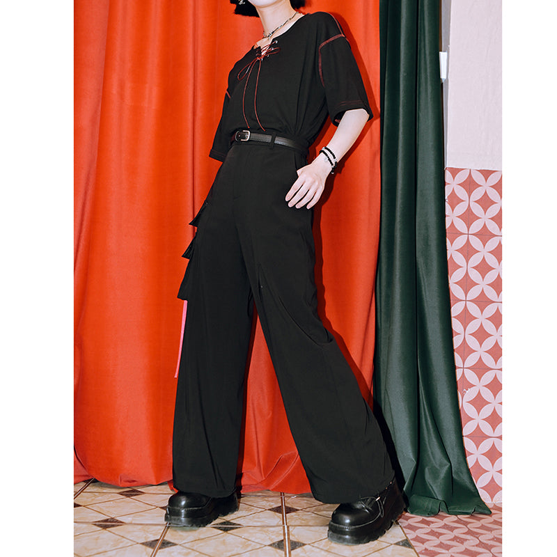 [Kokaisha Series] ★China style pants★ Chiffon gaucho pants Spring/Summer Loose Black Black SML XL