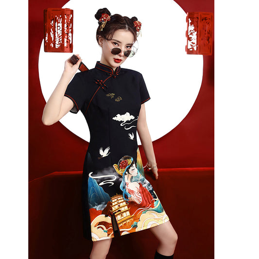 [SHISHANG Series]★Cheongsam dress★ Chinese style dress, short sleeves, short length, large size, black, black