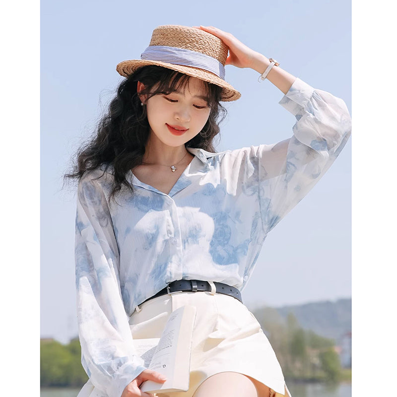 【MUTUシリーズ】★シャツ★ 3color 水墨柄 トップス 長袖 薄い プリント レディース 夏服 可愛い デート