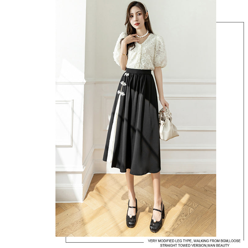 [Women's University 18 Series] ★China Style Skirt★ Bottoms Ladies Switching Black Black Elastic Waist