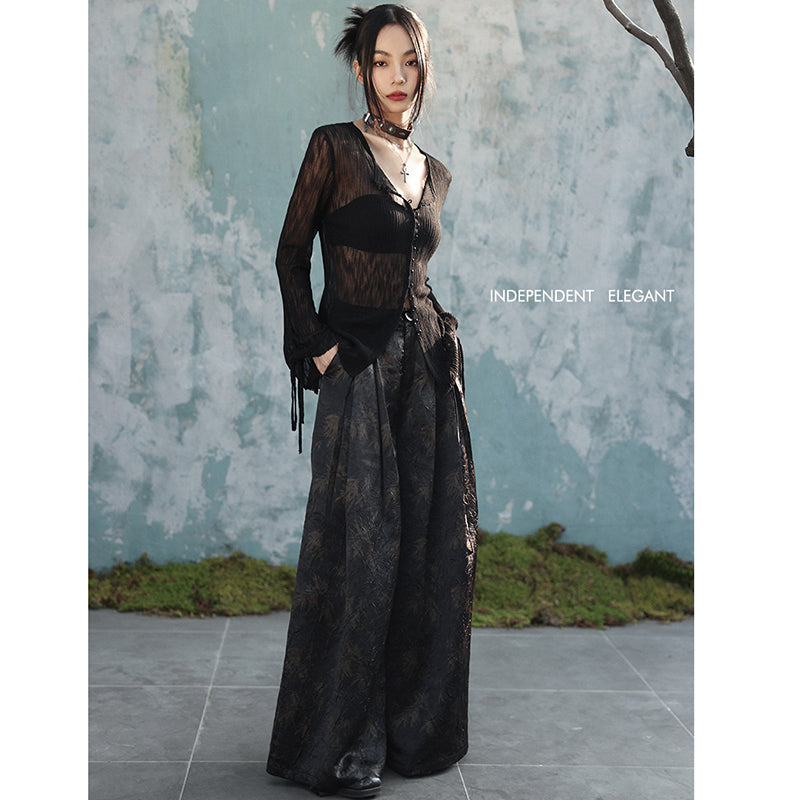 [Daiseiryuu 4 Series] ★Chinese-style top★ V-neck, sheer, long-sleeved shirt, sun protection, Chinese clothing, sexy, black