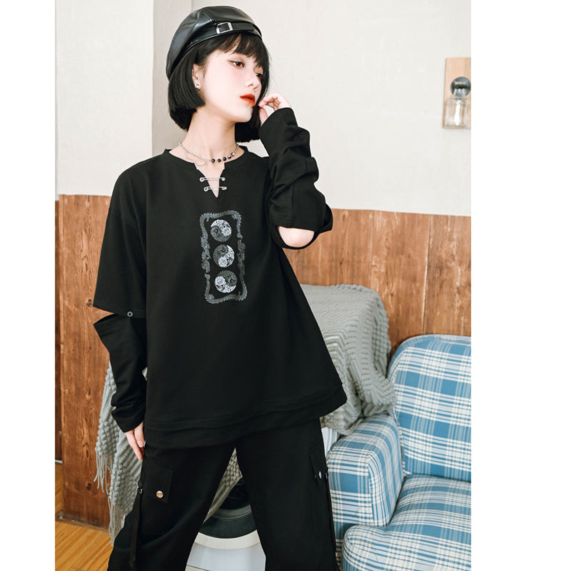 [Kugaisha---Kenkun Series] ★Chinese-style tops★ T-shirt, short sleeves, long sleeves, unique, original, text pattern, black