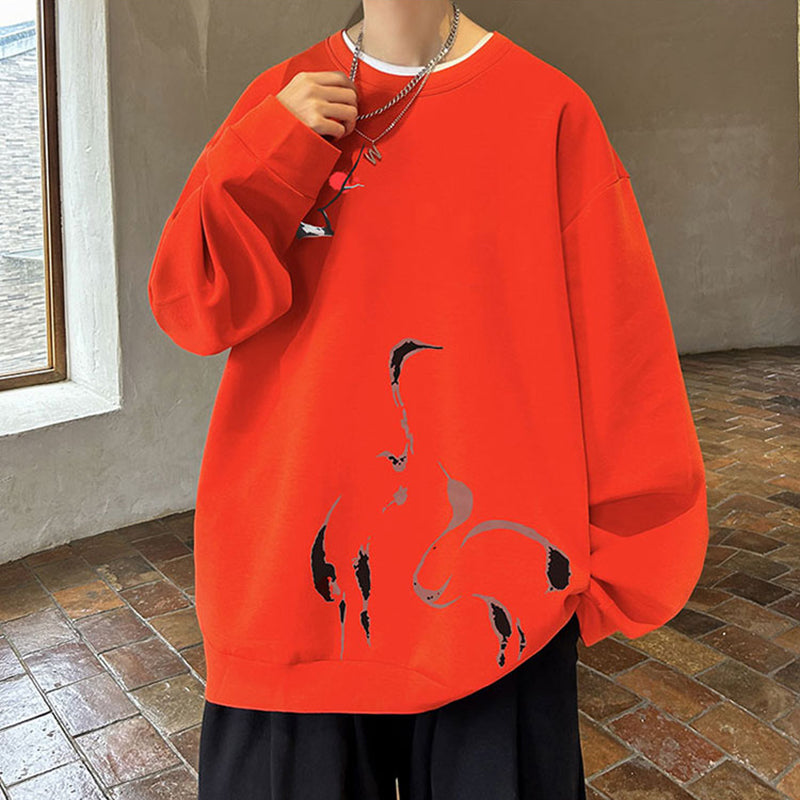 [WUSHE Series]★China Style Tops★ 4color Long Sleeve Tops Sweatshirt Unisex Men's Large Size Crane Tsuru Tsuru