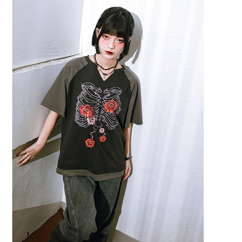 [Kokaisha---Hanabone Series] ★Chinese-style top★ Short-sleeved T-shirt, printed, unique, original, V-neck, cotton