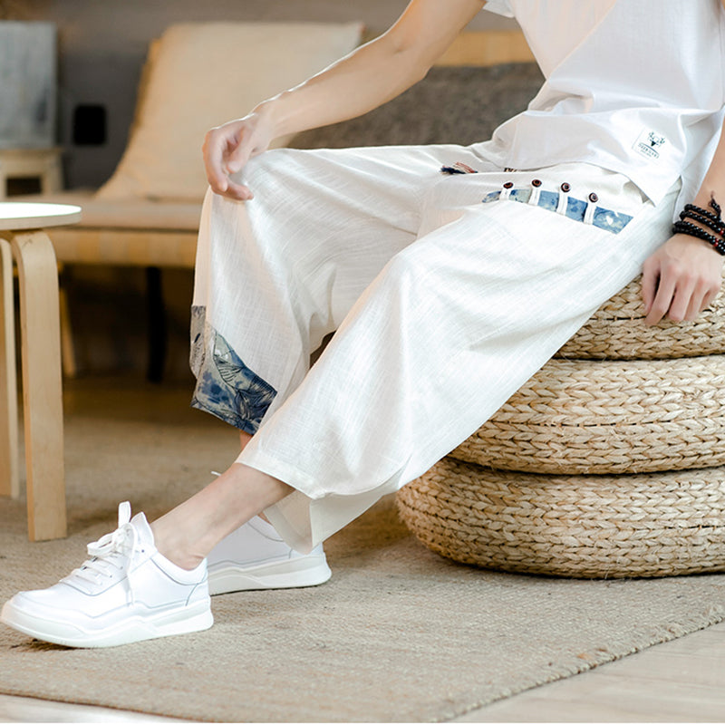 [YONGYAN Series] ★Chinese-style pants★ 5 colors, 3/4 length, unisex, men's, large size, cotton linen