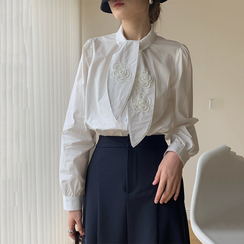 [AOWEN Series]★Shirt★ Tops Long Sleeve Shirt Women's Temperament Enhancement White White Rose Cute