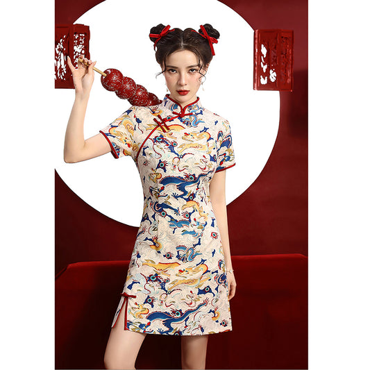 [SHISHANG Series]★Cheongsam dress★ Chinese style dress, short sleeves, short length, large size, retro