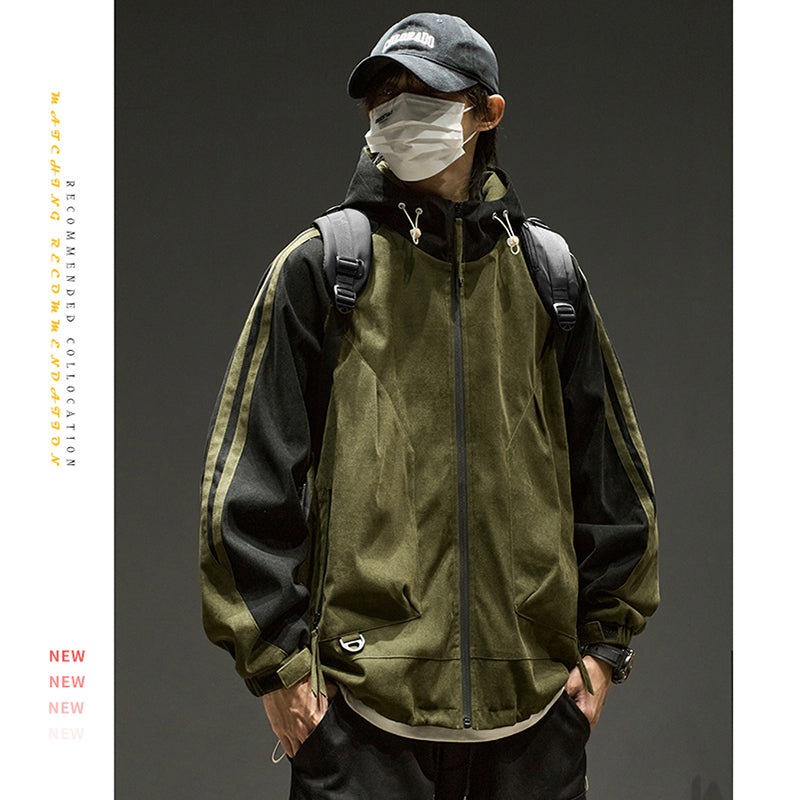 [ZHUOKAI Series] ★Jacket★ 2color outerwear, unisex, men's color scheme, hat included, vertical stripes, striped pattern