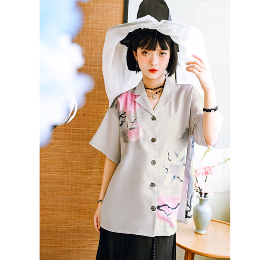 [Kogaesha---Crane Series] ★Chinese-style top★ Short-sleeved shirt, unique, original crane print