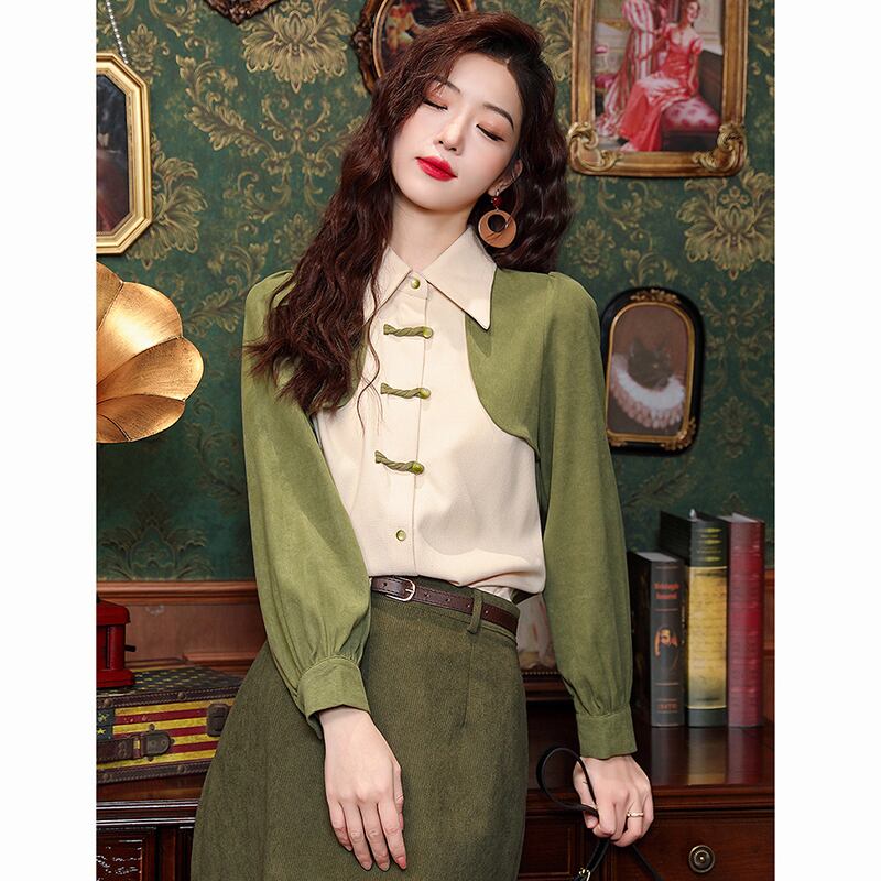 [HQE Series]★China style tops★ Shirt color scheme switching fake layered Chinese button green green