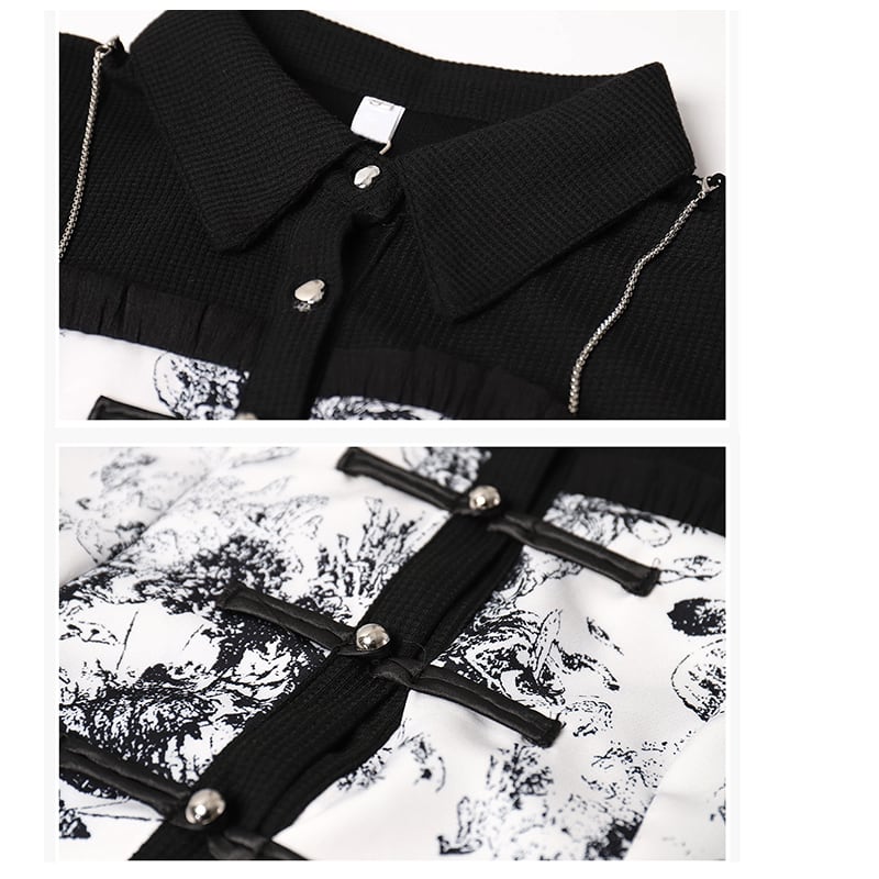 [YOYO CLUB Series] ★China style tops★ China style shirt ink pattern switching black black