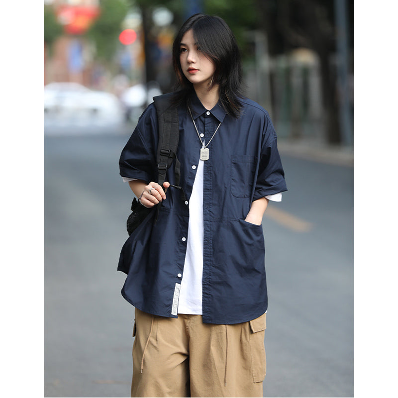 [JIWU series] ★Chinese style tops★ 2 colors Shirt Outerwear Short sleeve Denim Unisex Men's Casual Black Blue