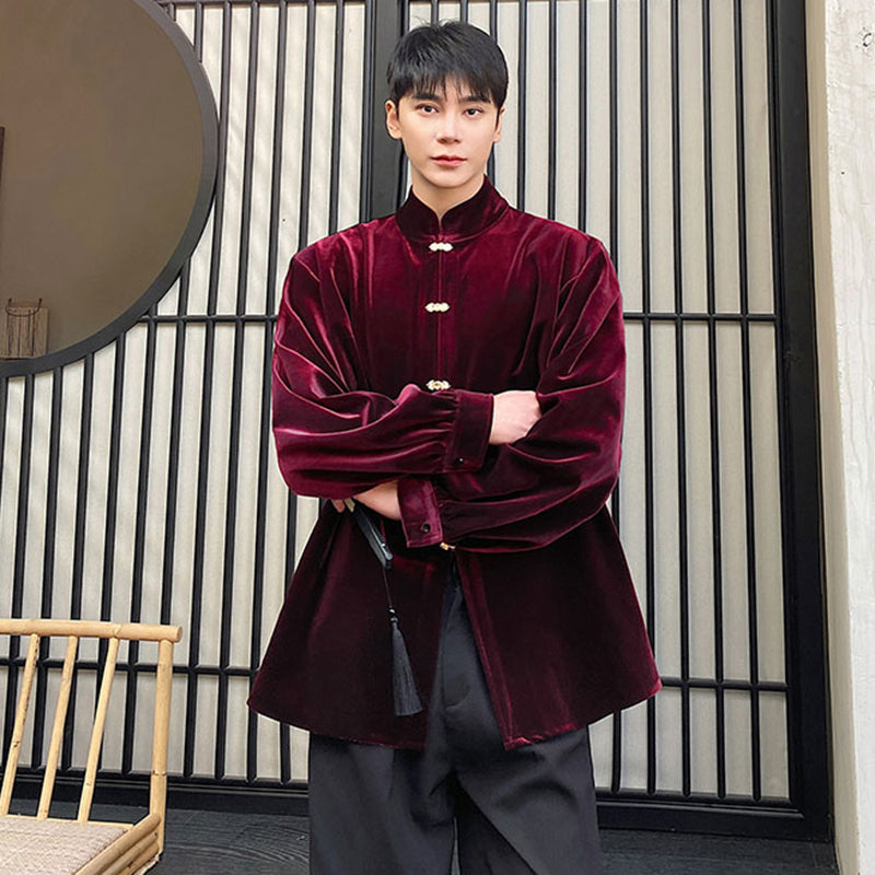 [Illustrated series] ★China style shirt★ 2color long sleeve shirt tops velvet unisex men's black wine red