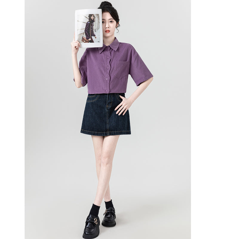 [WEIWU Series] ★Shirt★ 2 colors Short sleeve Tops for women Easy to match Improve your style Purple Beige