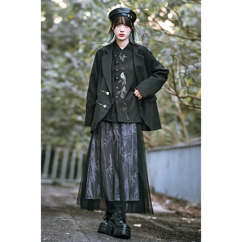 [Kokaisha --- Chichiku Series] ★China style skirt★ Bottoms velvet black black switching floral pattern