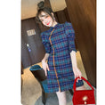 Load image into Gallery viewer, [WEISILU Series]★Cheongsam dress★ Chinese-style dress, plaid pattern, short length, date, wedding, blue-green
