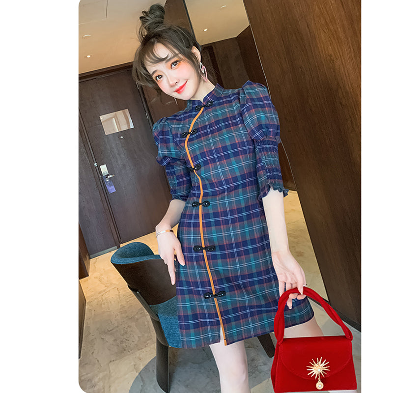 [WEISILU Series]★Cheongsam dress★ Chinese-style dress, plaid pattern, short length, date, wedding, blue-green