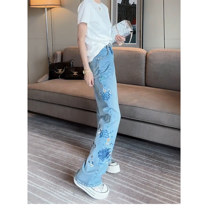 [OURI Series] ★Denim pants★ Trousers Bottoms Floral pattern Casual Easy to match Ladies Fashionable