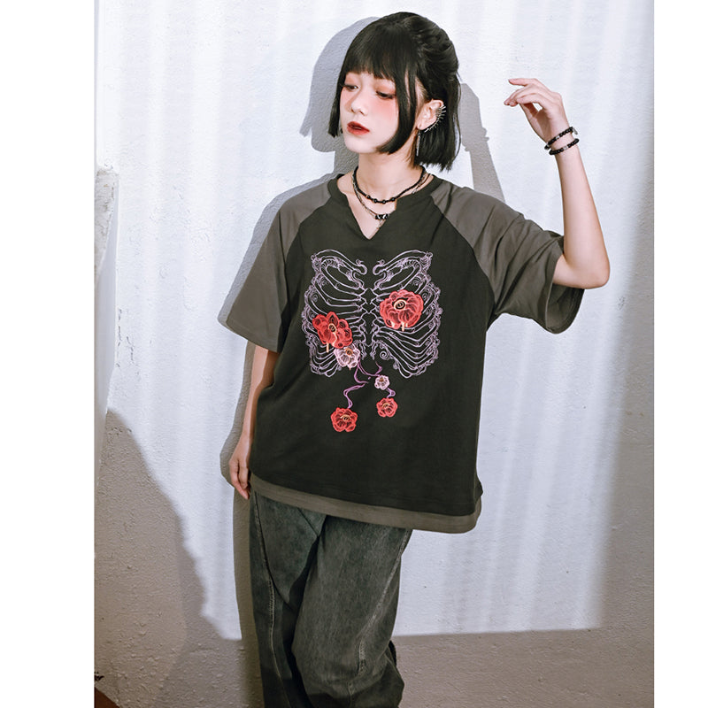 [Kokaisha---Hanabone Series] ★Chinese-style top★ Short-sleeved T-shirt, printed, unique, original, V-neck, cotton