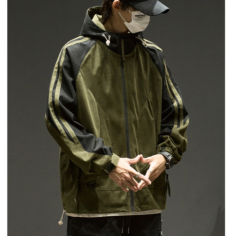 [ZHUOKAI Series] ★Jacket★ 2color outerwear, unisex, men's color scheme, hat included, vertical stripes, striped pattern