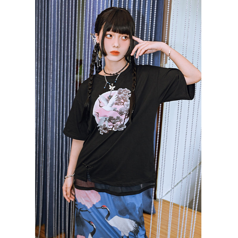 【古怪舍---問鶴シリーズ】★チャイナ風トップス★ 半袖 Tシャツ 個性的 鶴 鶴柄 切り替え コットン ブラック 黒