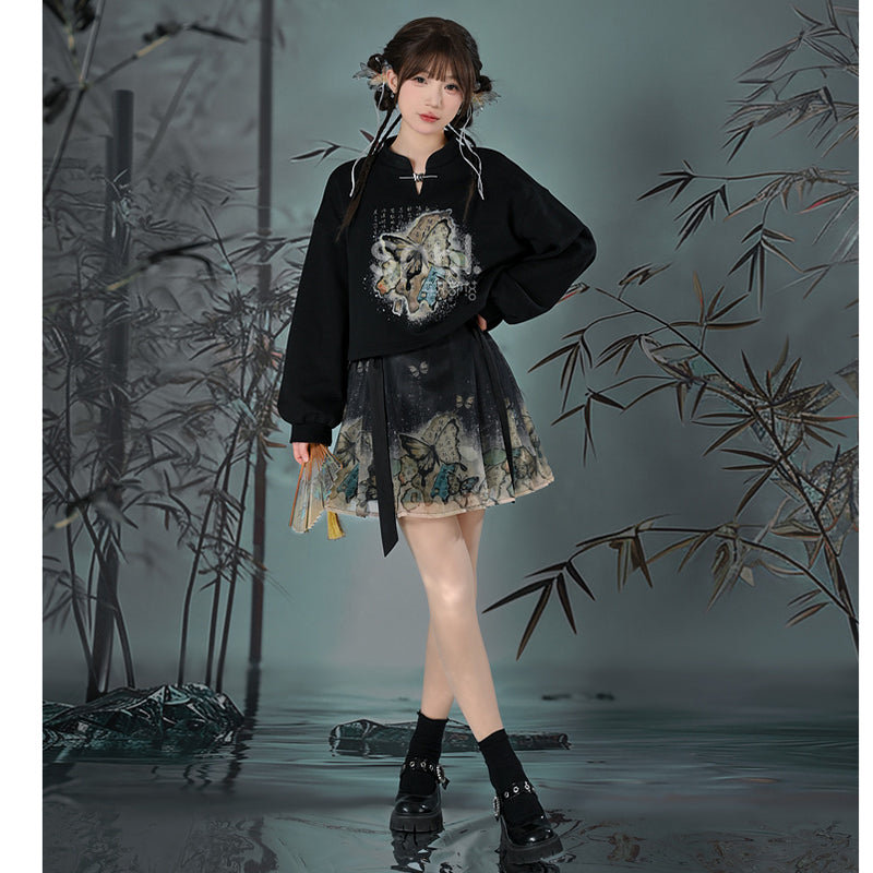 [Mori Onna Buraku Series] ★China style tops★ 2color butterfly short length sweatshirt original easy to match