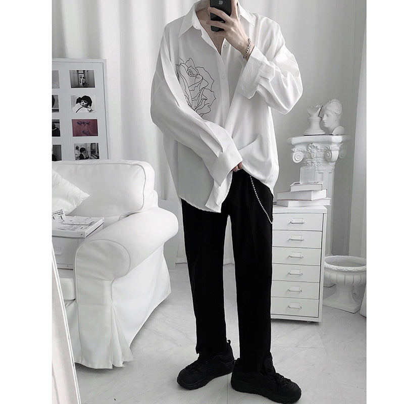 [Fudoku Sensei Series]★Shirt★ 2color long sleeve shirt tops unisex men's black white rose