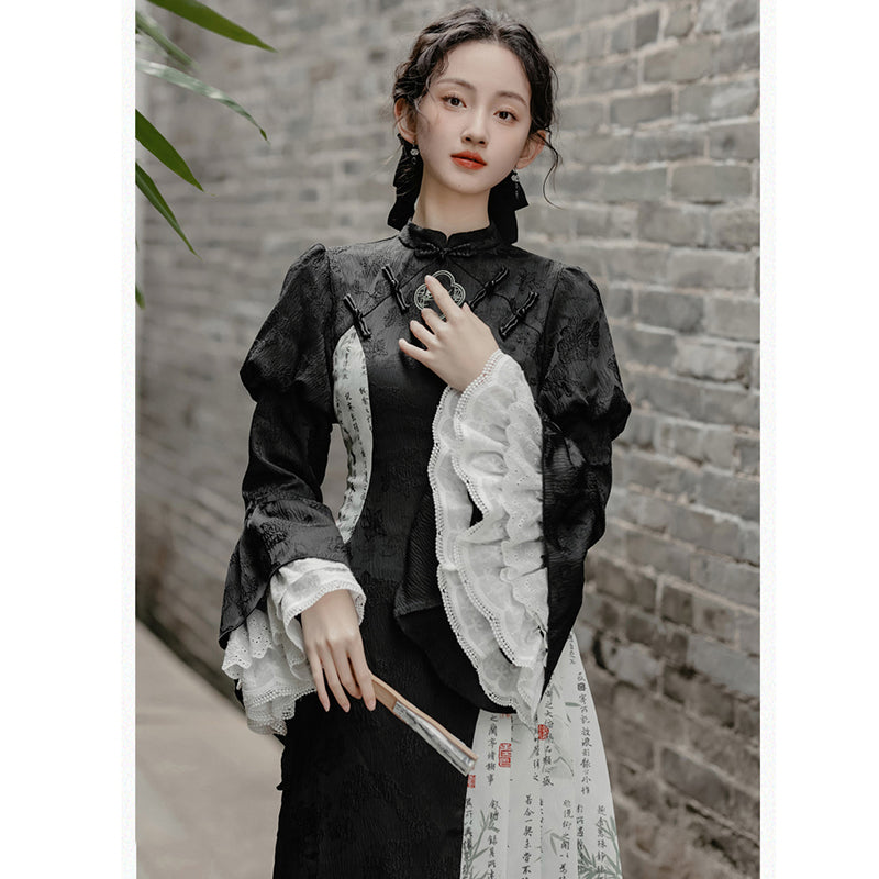 [Ink year flower series] ★China style dress★ Improved cheongsam dress Switching Letter pattern Kanji pattern Black Black