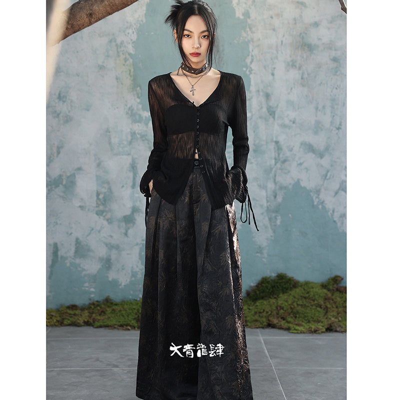 [Daiseiryuu 4 Series] ★Chinese-style top★ V-neck, sheer, long-sleeved shirt, sun protection, Chinese clothing, sexy, black